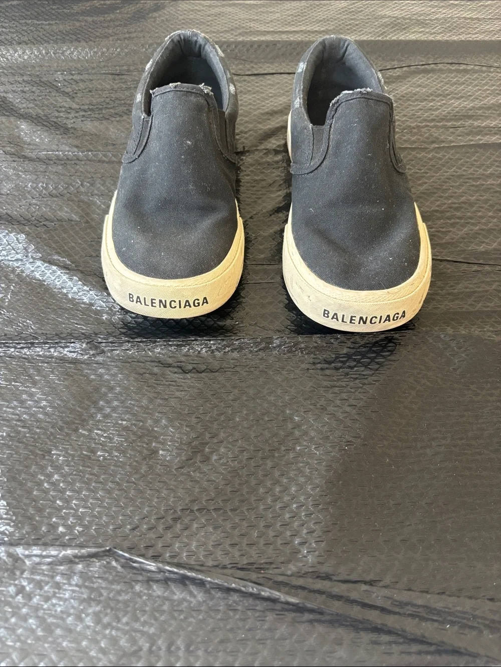 Balenciaga Black Canvas Slip-On Sneakers with Cream Soles
